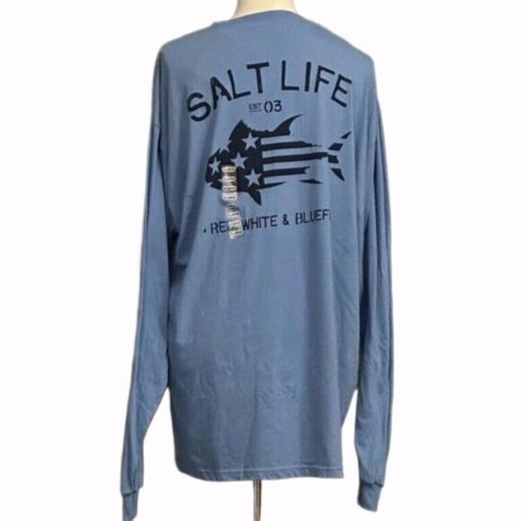 Salt Life Mens Blue Extra Large LS Fishing T-Shirt Bluefin American Flag - Picture 1 of 5